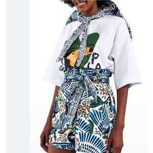 Farm Rio Off White Macaw Flight Tropical Cotton Paperbag Shorts Size XL